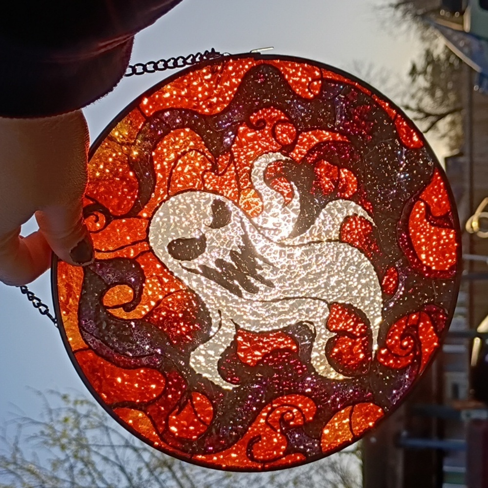 2/$20 Halloween Ghost Stained Glass-Style Hanging Wall Art, Orange - Picture 6 of 6